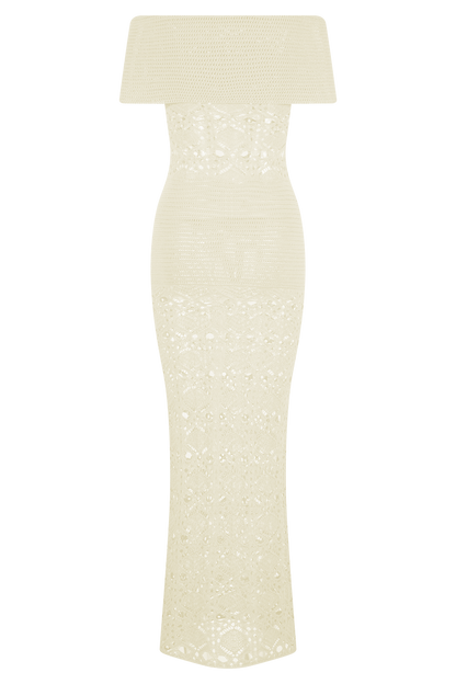 Solstice Off Shoulder Crochet Knit Maxi Dress - Ivory