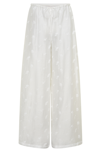 Vivian Tie Waist Embroidered Pant - White