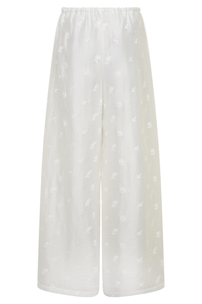 Vivian Tie Waist Embroidered Pant - White