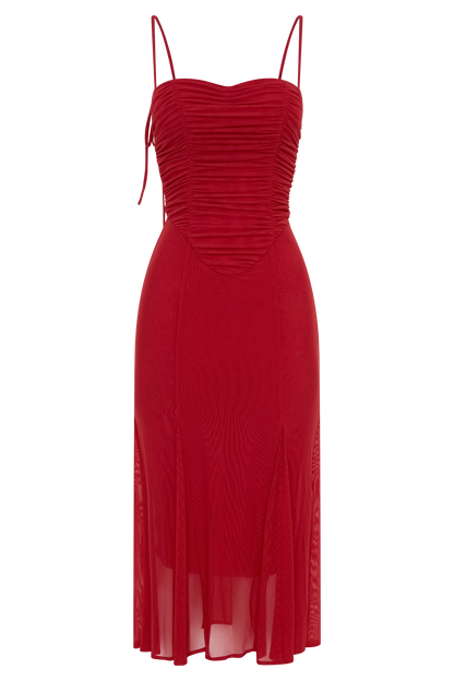 Willa Gathered Mesh Midi Dress - Ruby