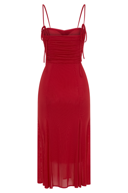 Willa Gathered Mesh Midi Dress - Ruby