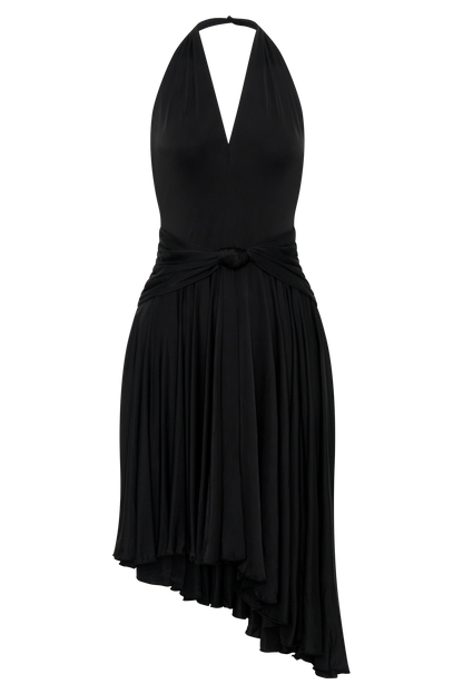 Zelda Asymmetric Slinky Midi Dress - Black