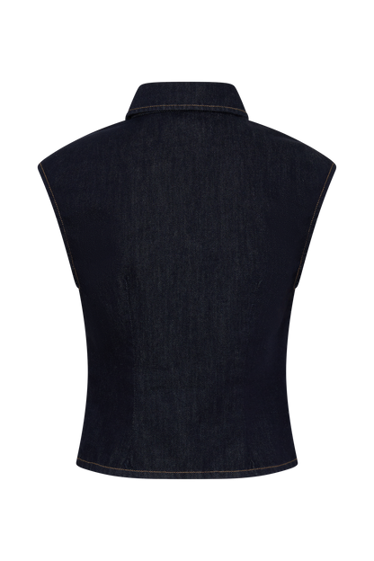 Jeremy Collared Denim Longline Top - Washed Indigo Blue