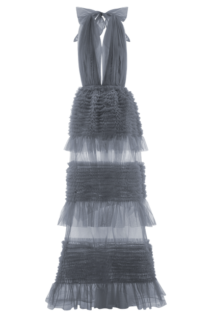 Minka Mesh Ruffle Halter Maxi Dress - Dusty Blue