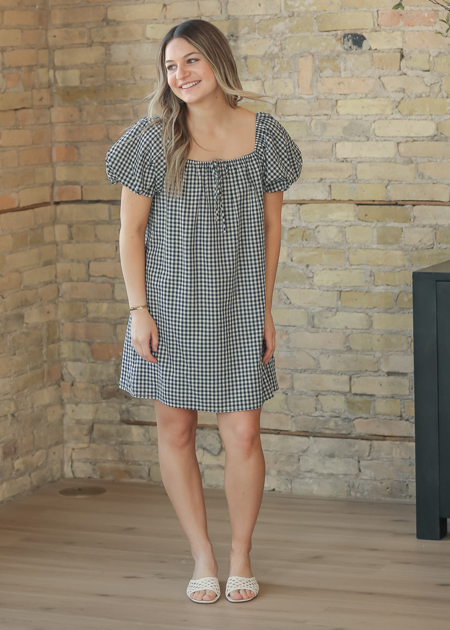 Navy Gingham Puff Sleeve Midi Dress
