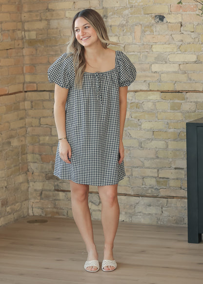 Navy Gingham Puff Sleeve Midi Dress
