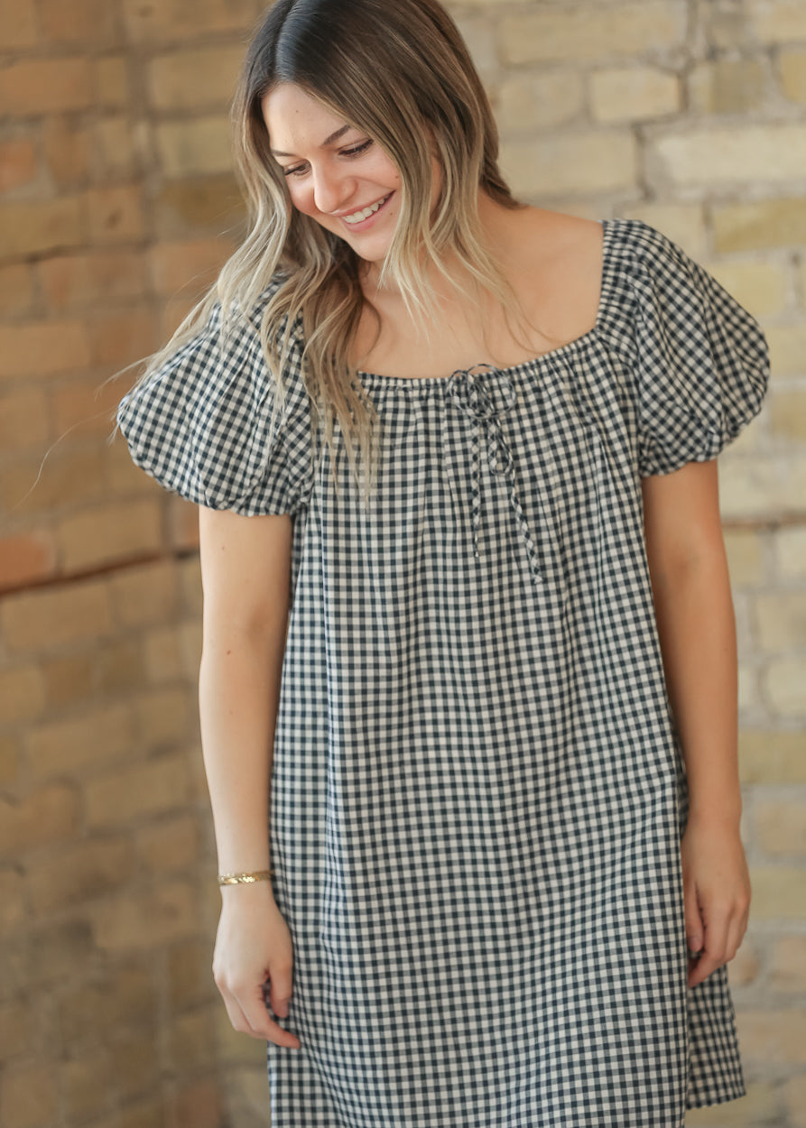Navy Gingham Puff Sleeve Midi Dress