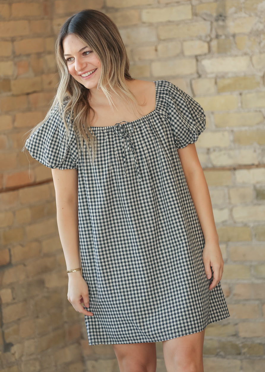Navy Gingham Puff Sleeve Midi Dress