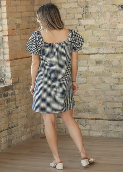 Navy Gingham Puff Sleeve Midi Dress