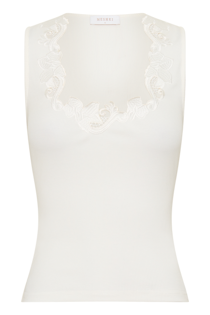 Vianna Broderie Ribbed Tank Top - Ivory