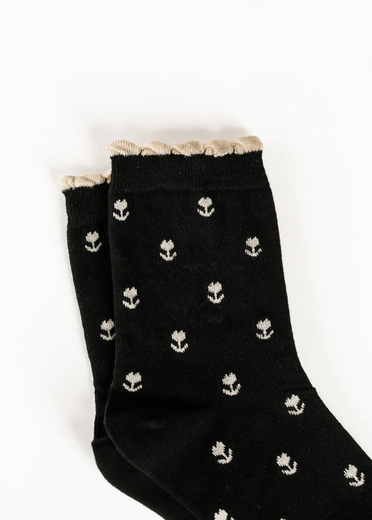 Black Crew Floral Cotton Sock