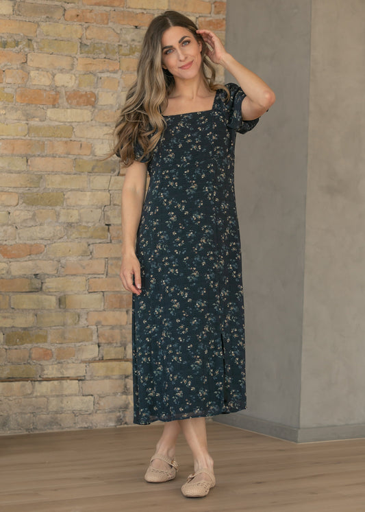 Black Floral Square Neck Maxi Dress