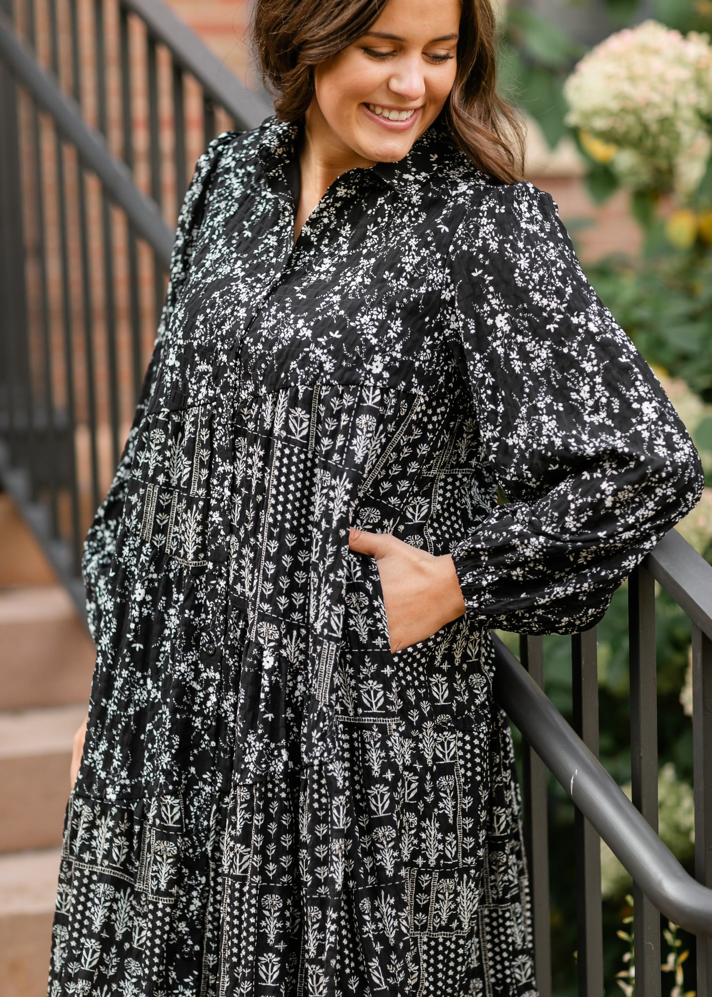 Black Multi Floral Button Front Midi Dress - FINAL SALE