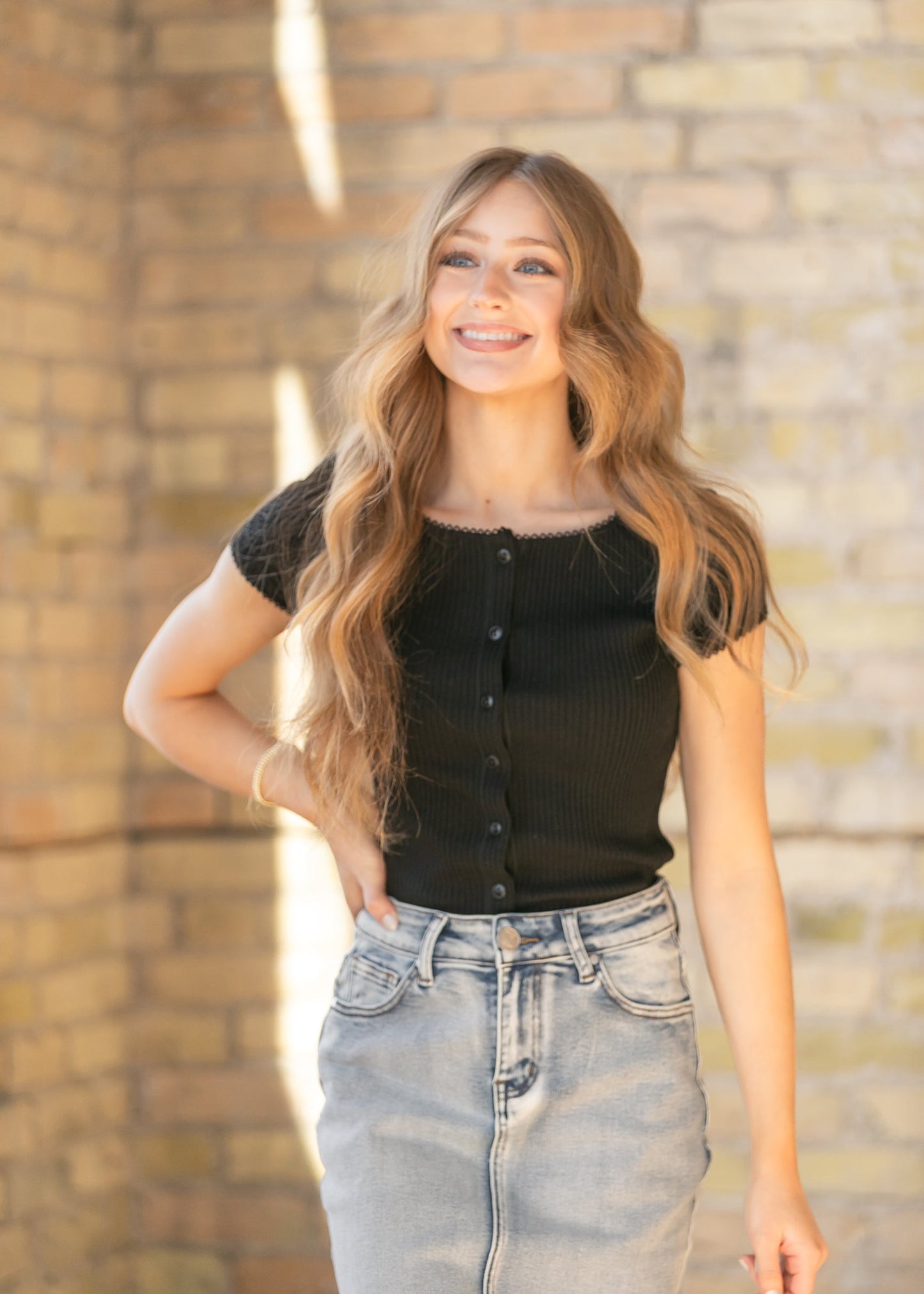 Button Front Ribbed Knit Top