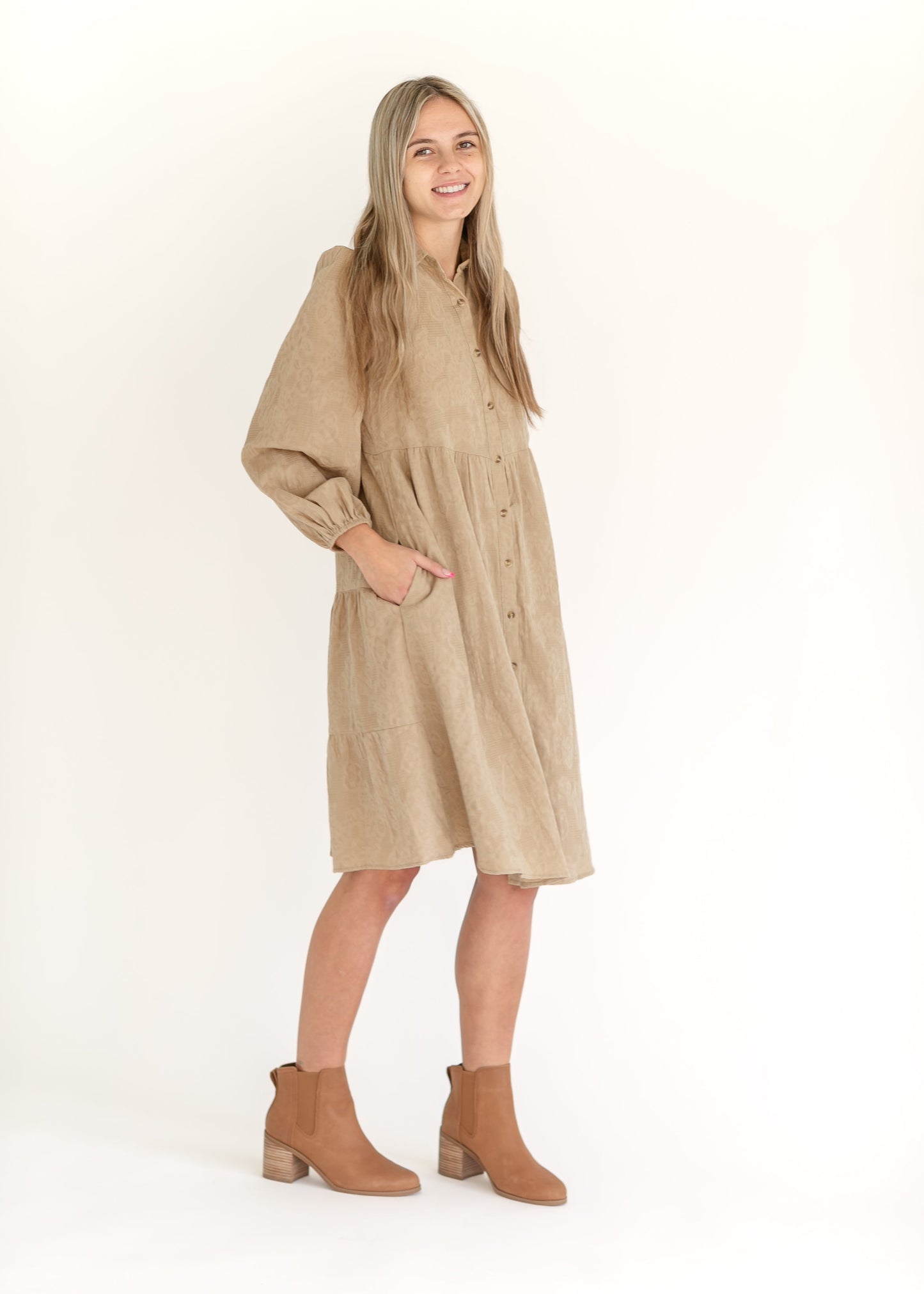 Button Up Textured Taupe Shirt Dress - FINAL SALE