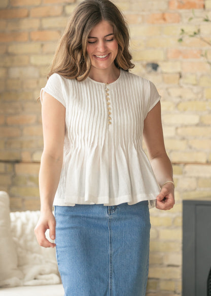 Cap Sleeve Pleated Linen Top