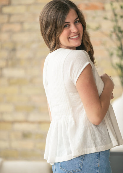 Cap Sleeve Pleated Linen Top