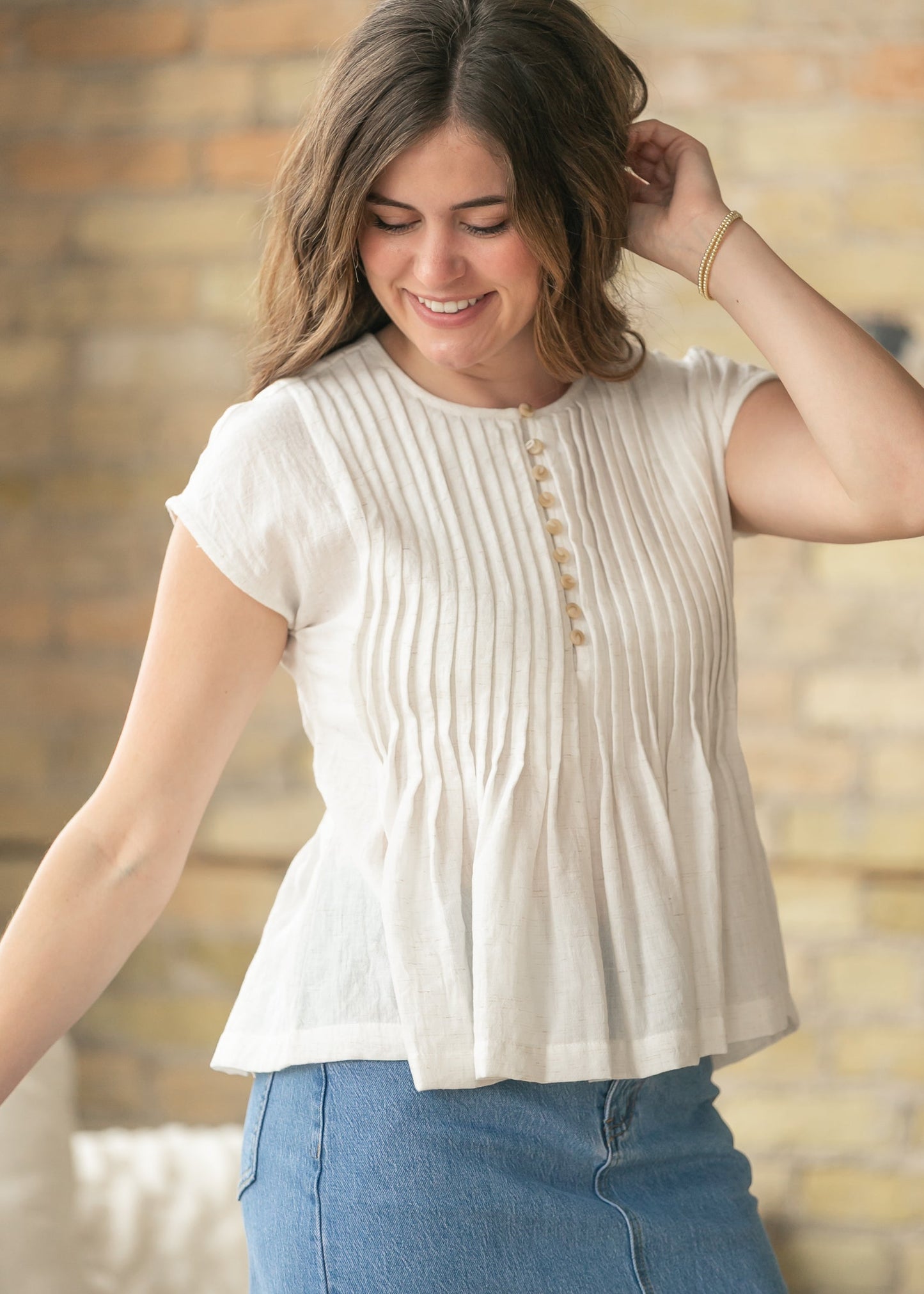 Cap Sleeve Pleated Linen Top