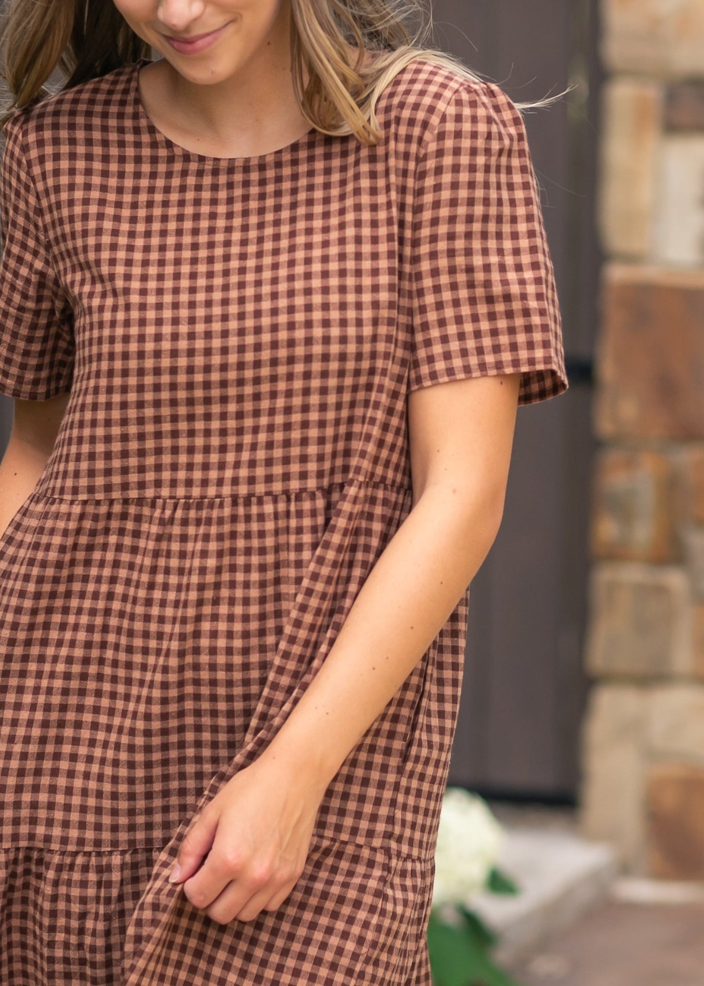 Chocolate Gingham Tiered Dress