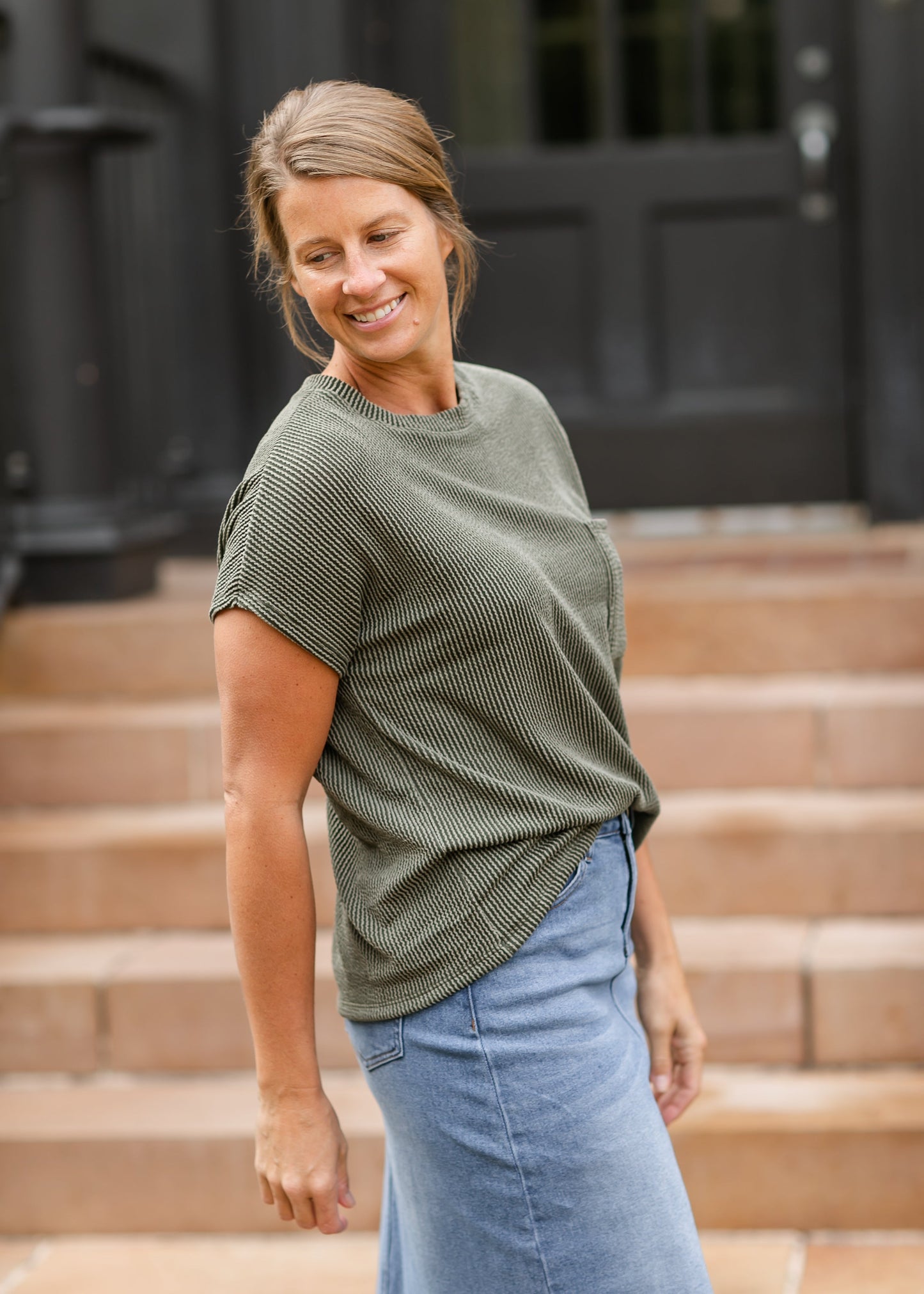Cori Ribbed Short Sleeve Front Pocket Top - FINAL SALE