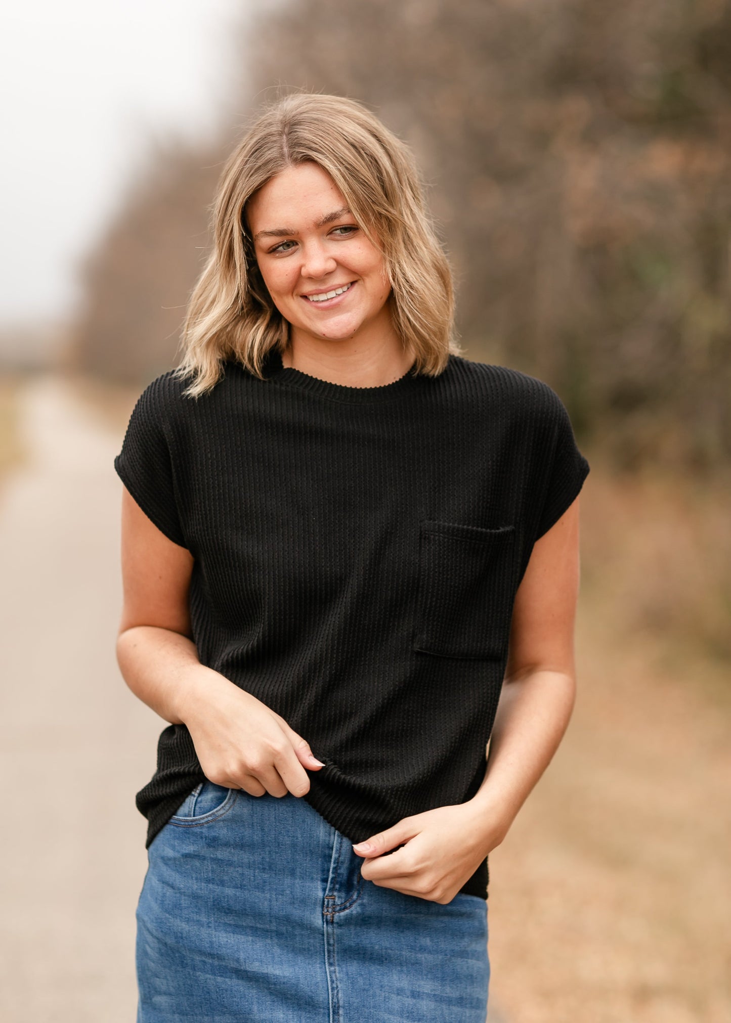 Cori Ribbed Short Sleeve Front Pocket Top - FINAL SALE