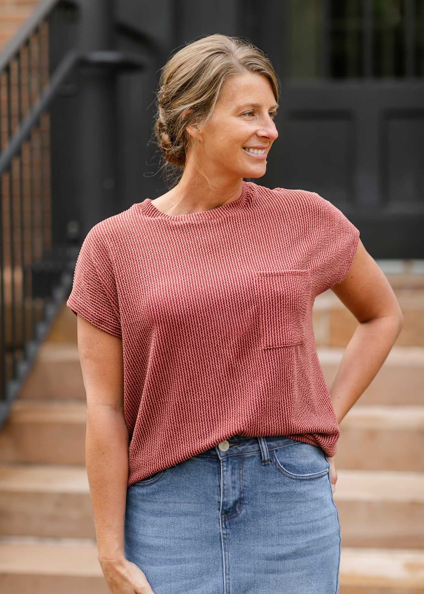 Cori Ribbed Short Sleeve Front Pocket Top - FINAL SALE