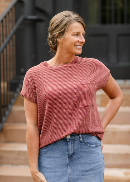 Cori Ribbed Short Sleeve Front Pocket Top - FINAL SALE