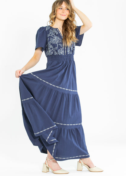 Embroidered Floral Print Maxi Tiered Dress - FINAL SALE