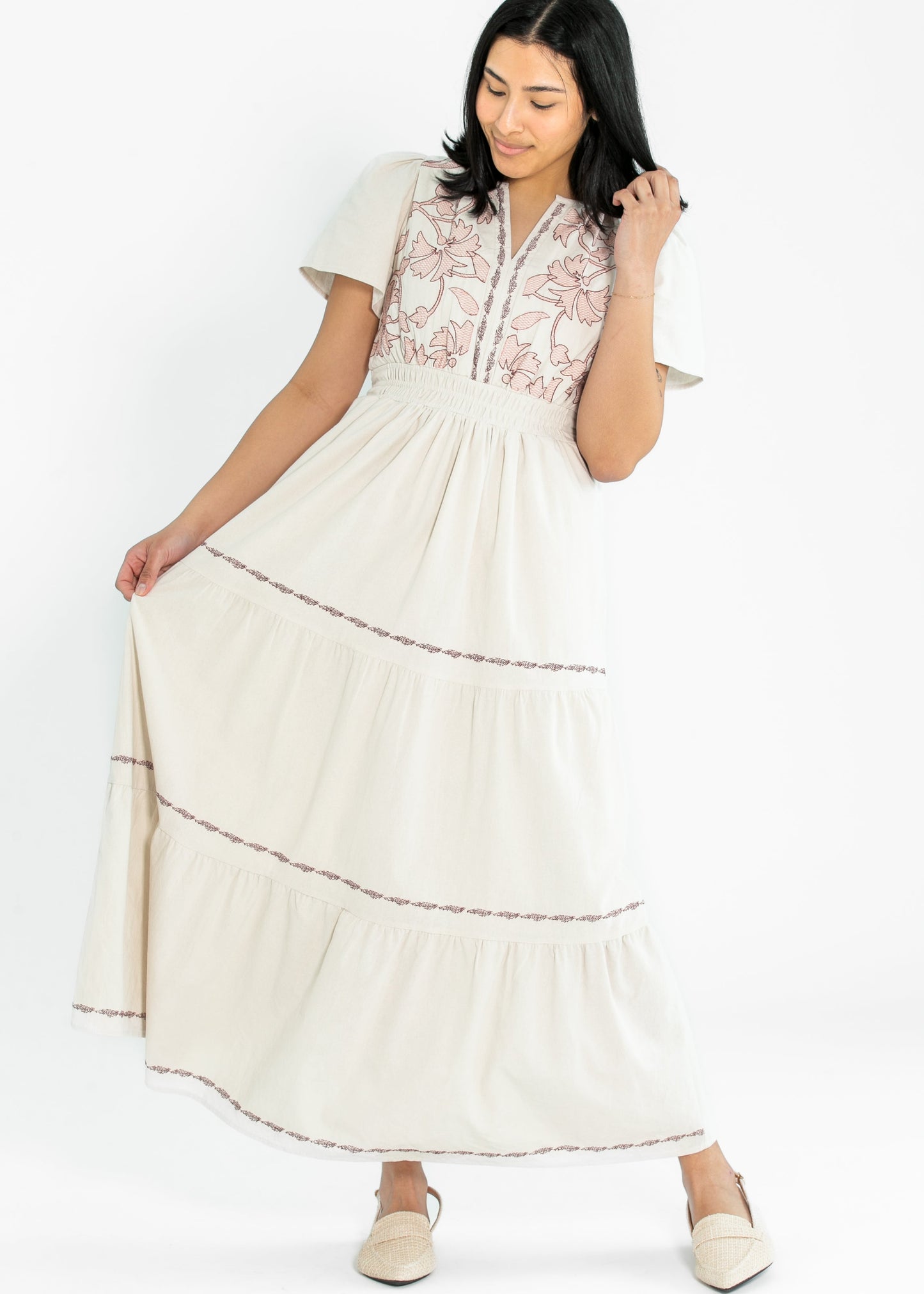 Embroidered Floral Print Maxi Tiered Dress - FINAL SALE