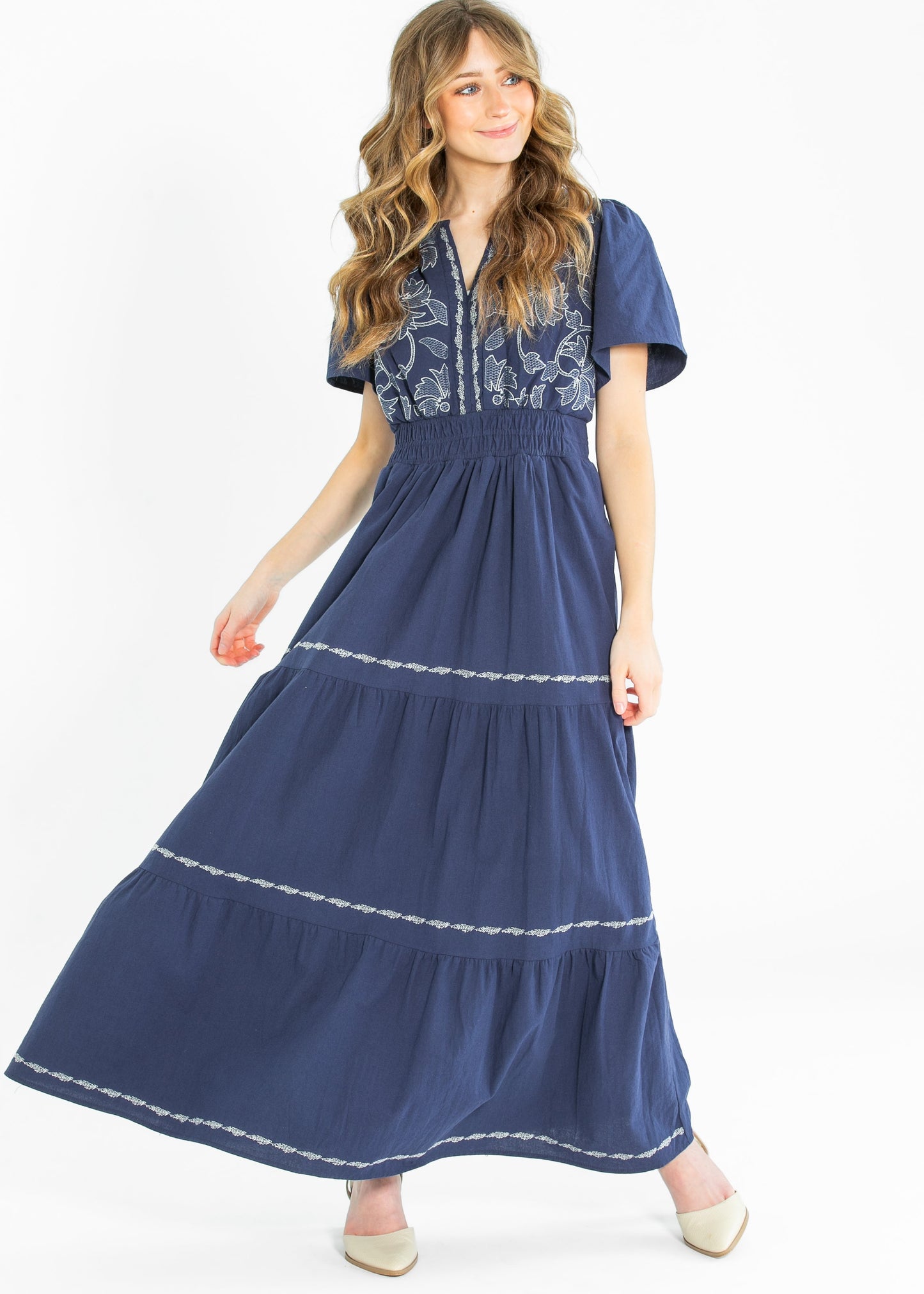 Embroidered Floral Print Maxi Tiered Dress - FINAL SALE