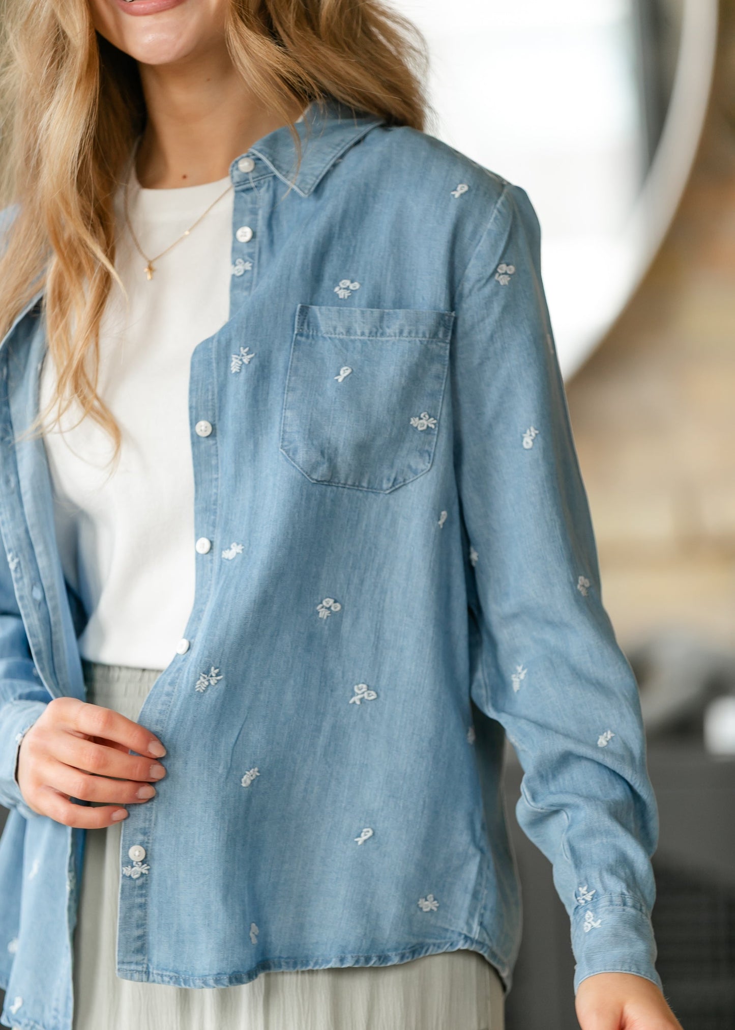 Embroidered Flower Button Front Shirt