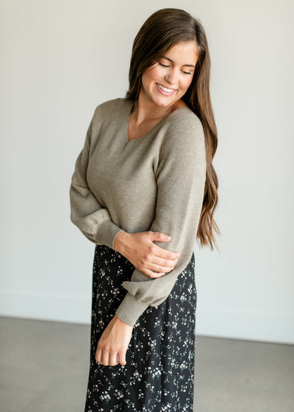 Essential V-Neck Balloon Sleeve Sweater - FINAL SALE