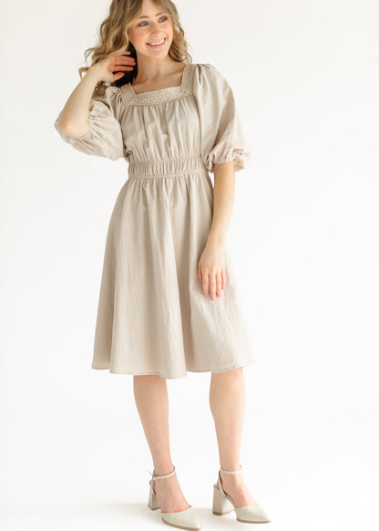 Eyelet Lace Trimmed Square Neck Midi Dress - FINAL SALE