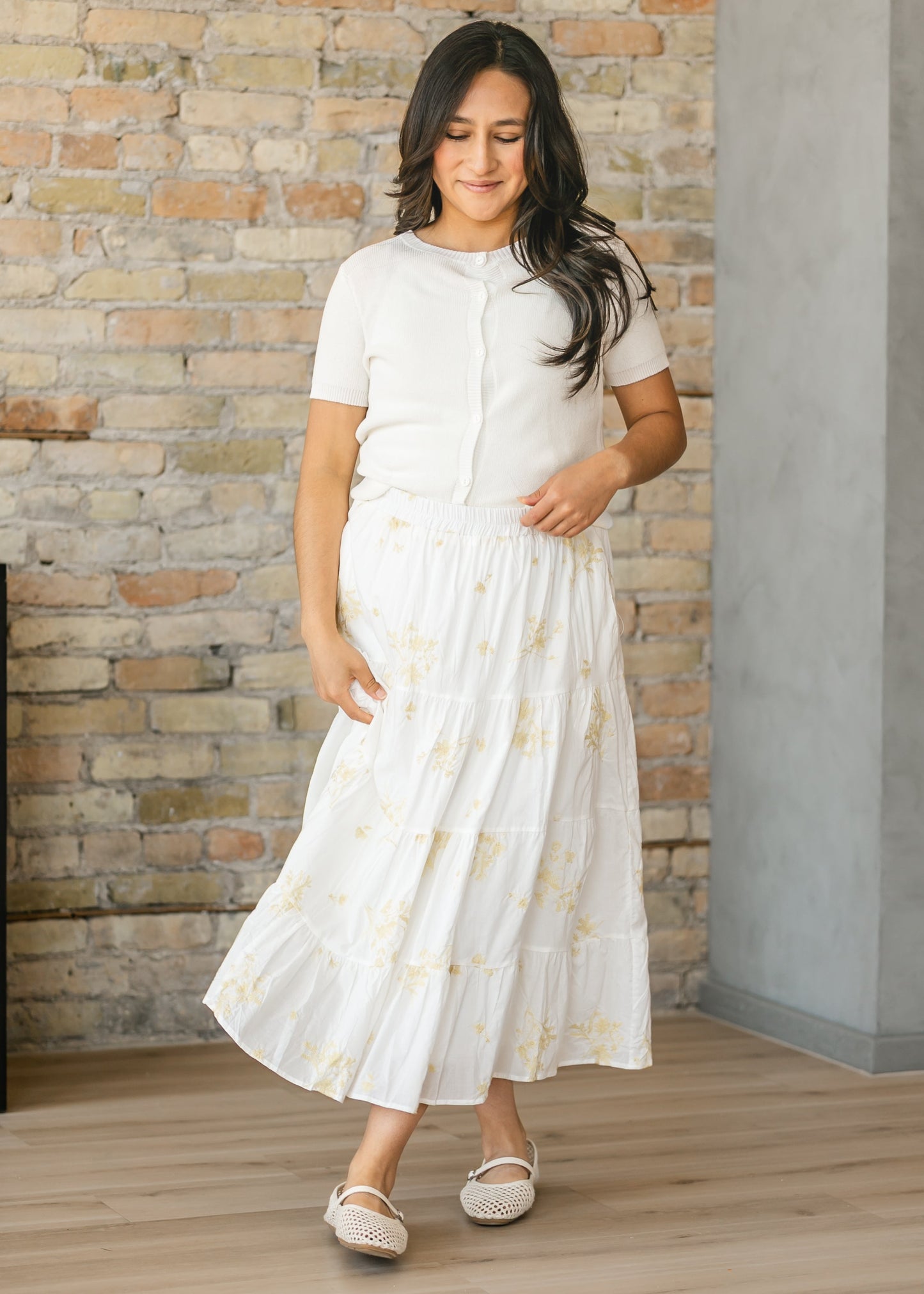 Floral Embroidered Elastic Waist Skirt - FINAL SALE