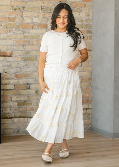Floral Embroidered Elastic Waist Skirt - FINAL SALE