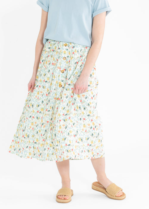 Floral Print Pleated Button Front Midi Skirt - FINAL SALE