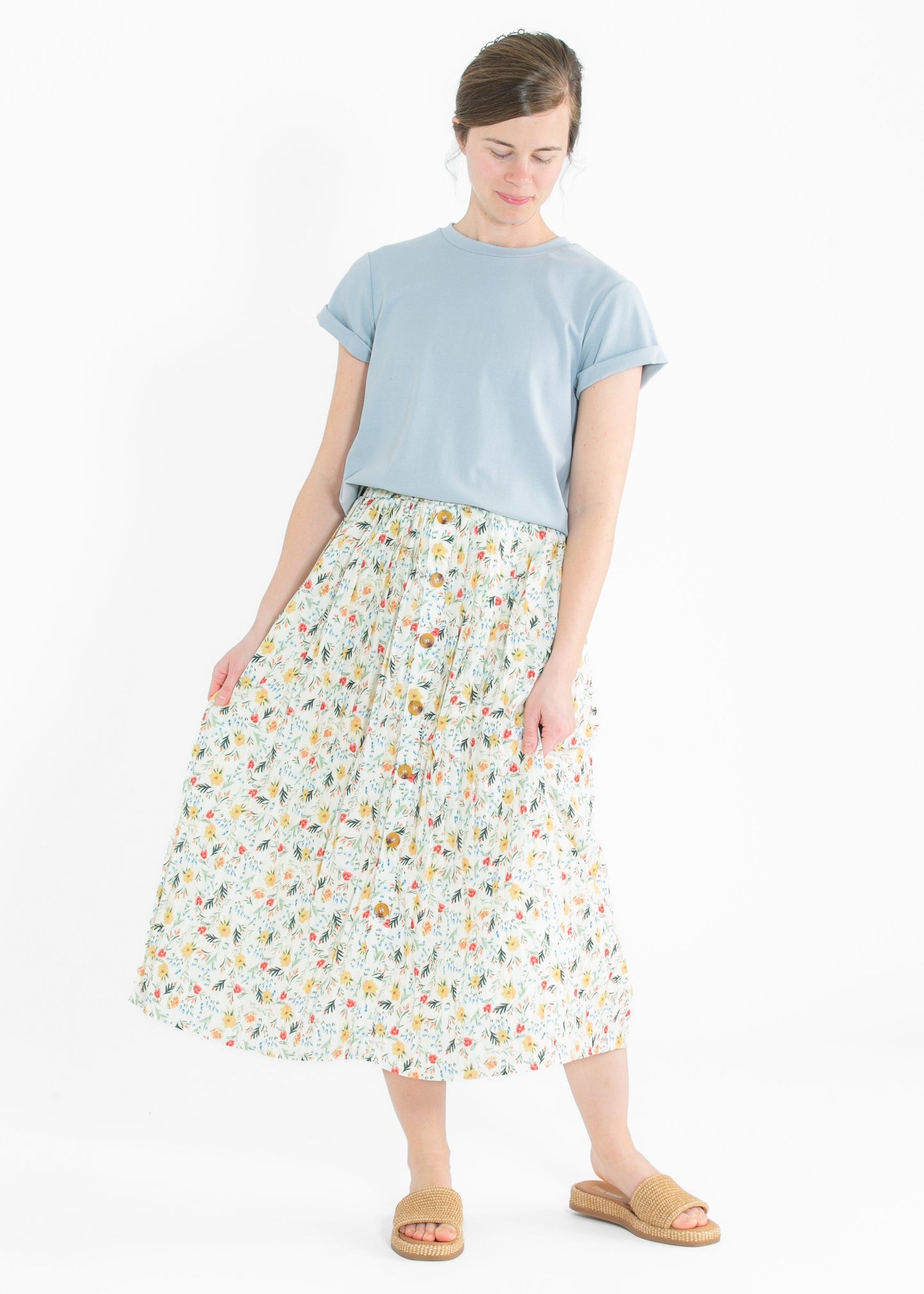 Floral Print Pleated Button Front Midi Skirt - FINAL SALE