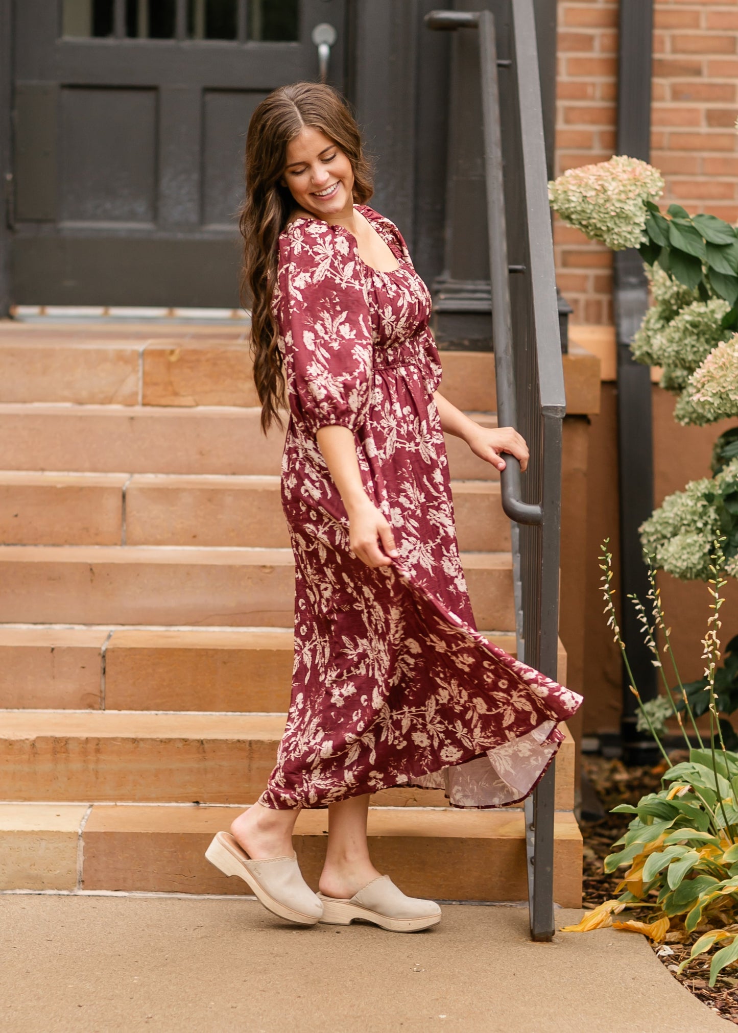 Floral Textured Print Burgundy Midi Dress - FINAL SALE