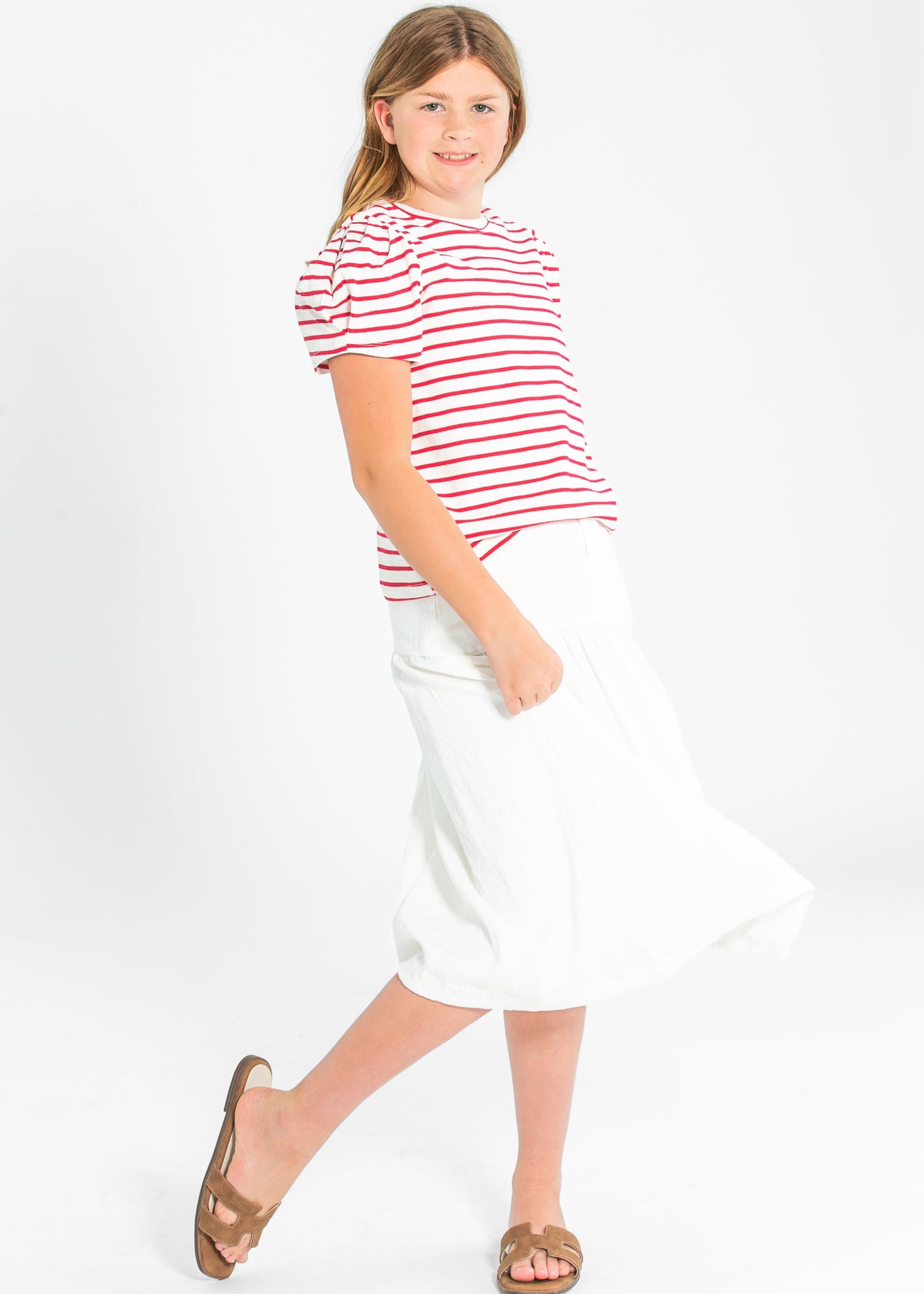 Girl's Pleated Puff Sleeve Stripe Knit T-Shirt