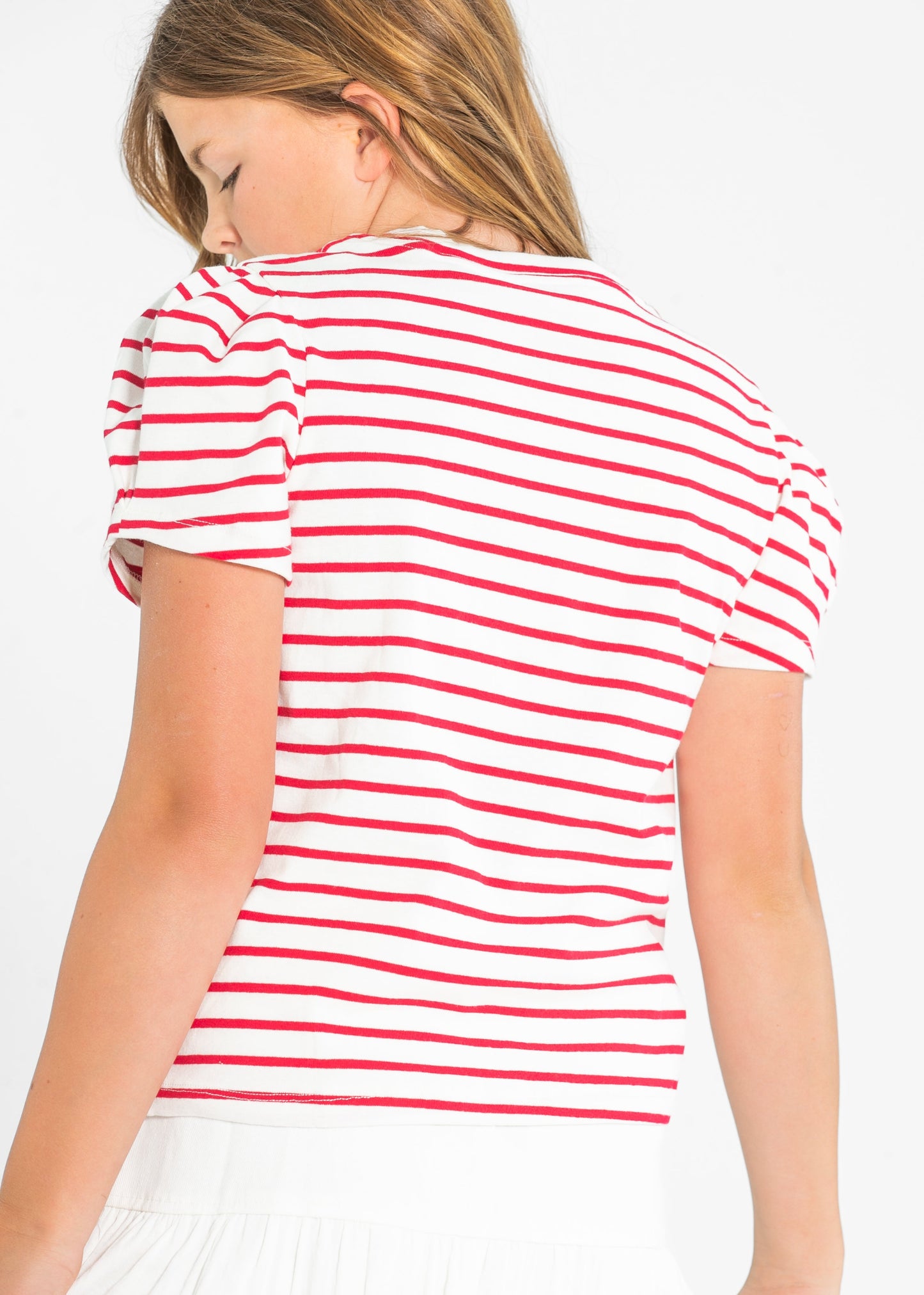 Girl's Pleated Puff Sleeve Stripe Knit T-Shirt