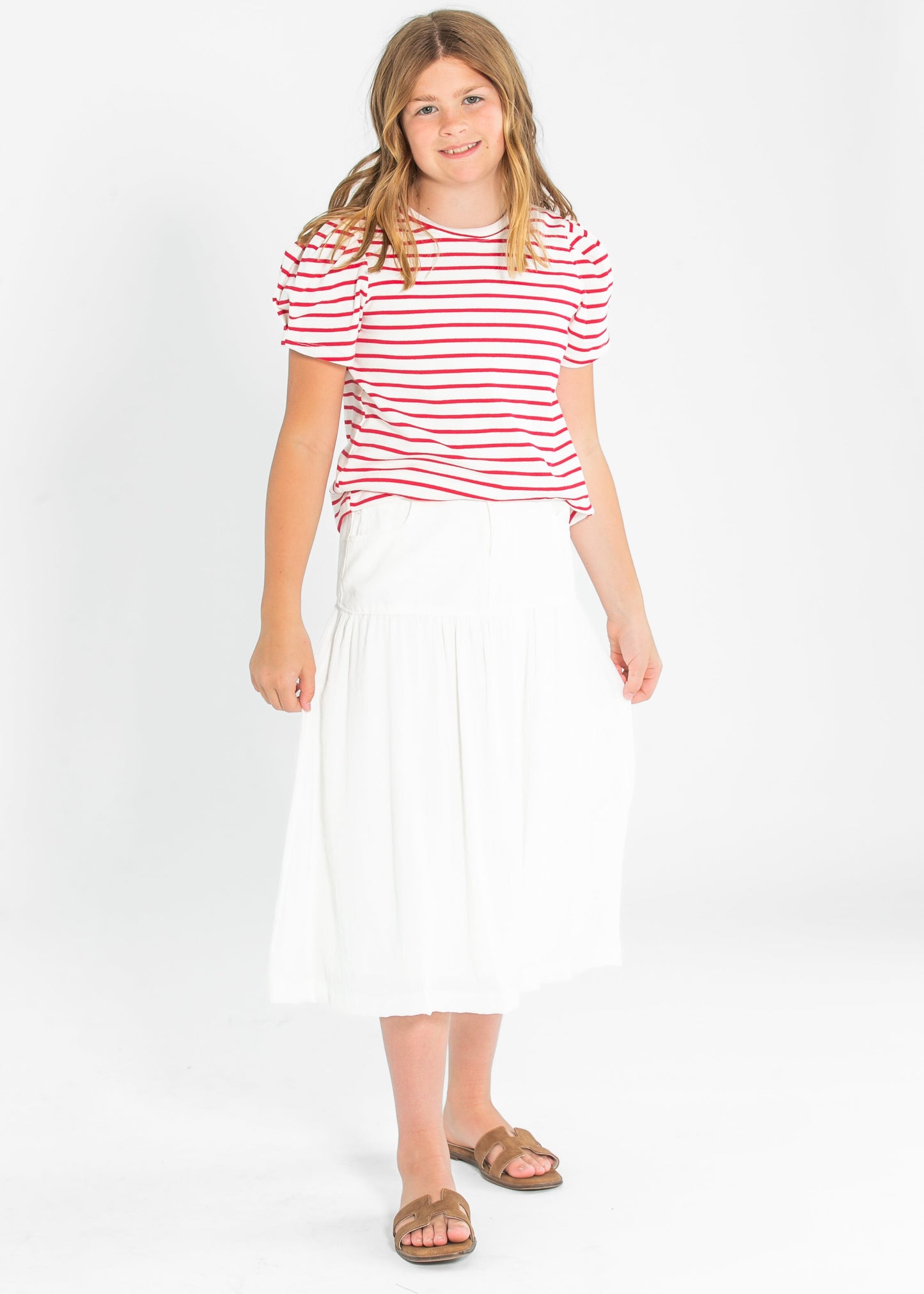 Girl's Pleated Puff Sleeve Stripe Knit T-Shirt