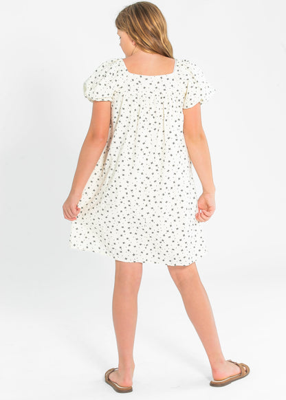Girl's Ditsy Bow Print Box Pleated Puff Sleeve Dress