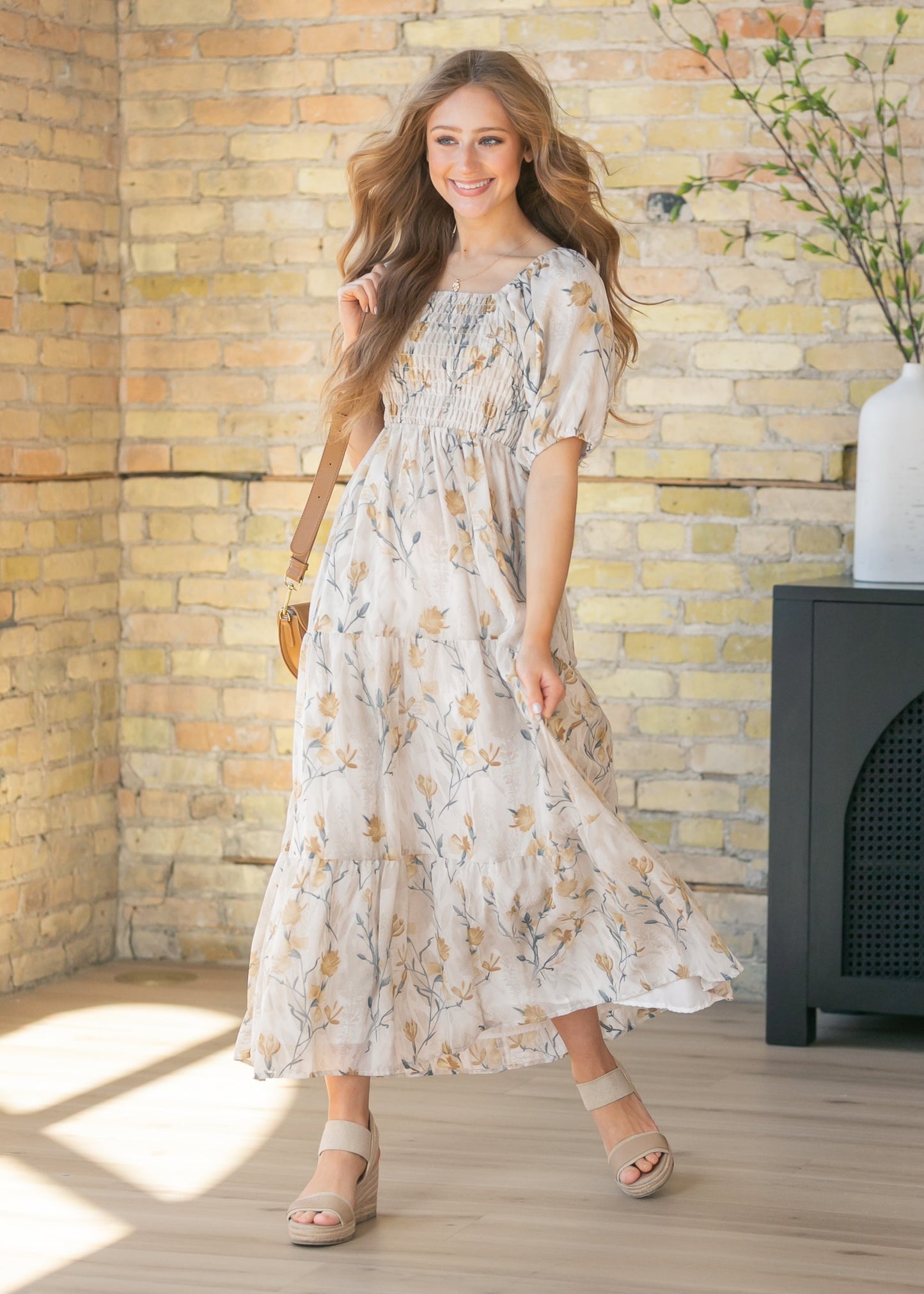 Indy Ivory Floral Smocked Midi Dress