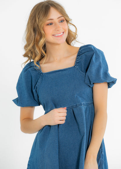 Jack Square Neck Puff Sleeve Denim Midi Dress - FINAL SALE