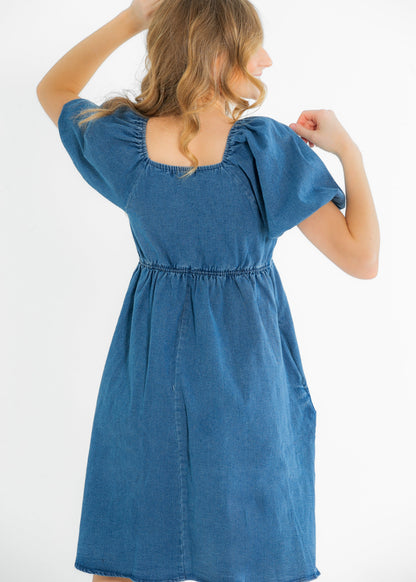 Jack Square Neck Puff Sleeve Denim Midi Dress - FINAL SALE