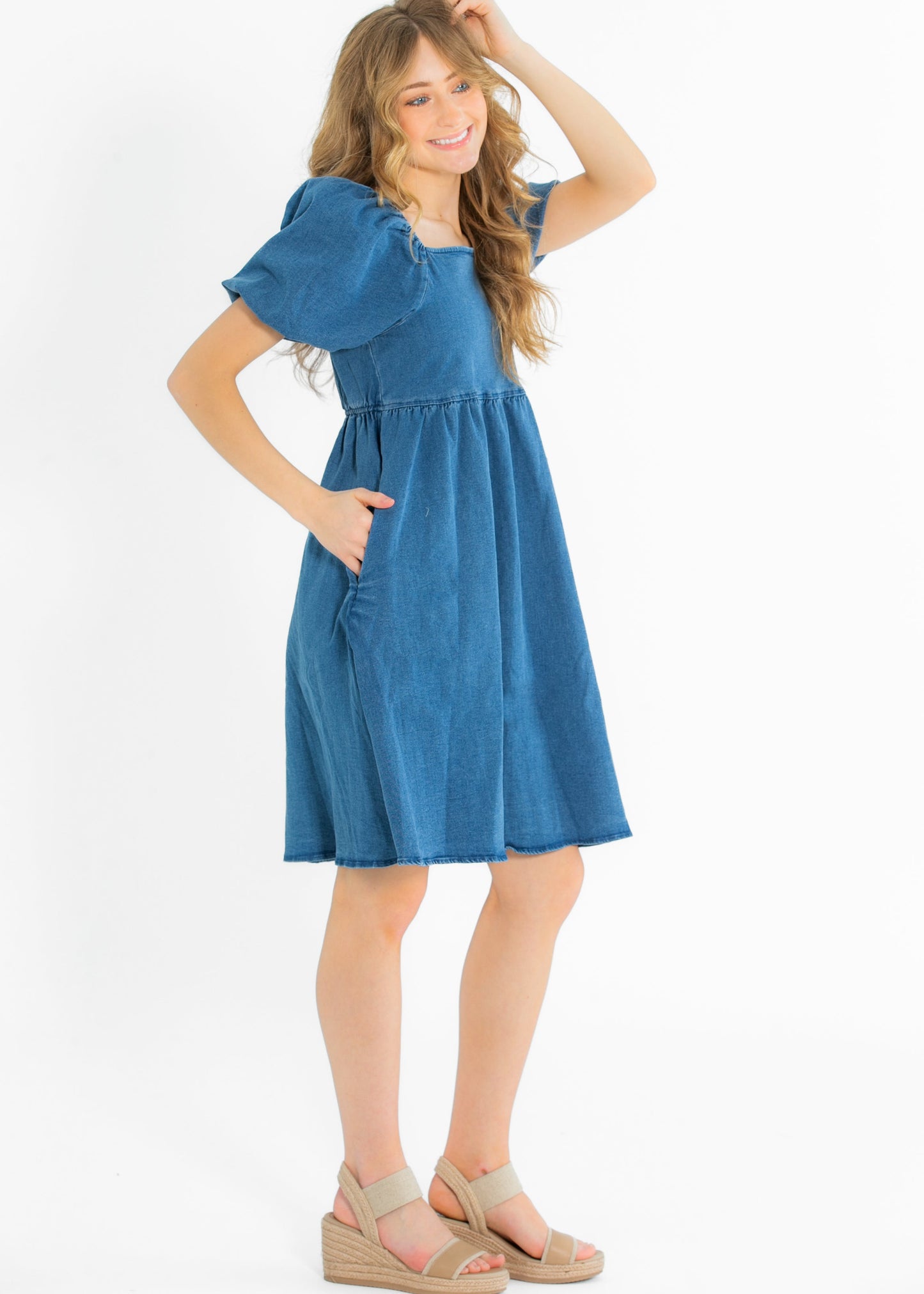 Jack Square Neck Puff Sleeve Denim Midi Dress - FINAL SALE