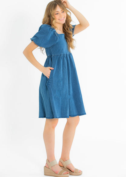 Jack Square Neck Puff Sleeve Denim Midi Dress - FINAL SALE