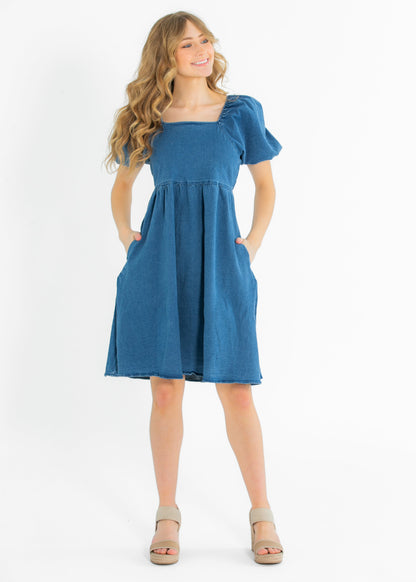 Jack Square Neck Puff Sleeve Denim Midi Dress - FINAL SALE