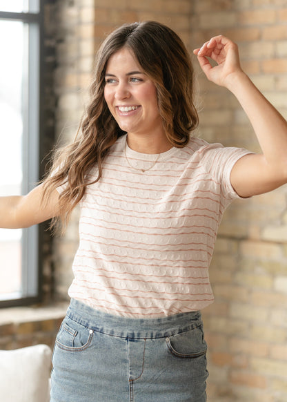 LIVERPOOL® Pink Wave Rib Trim Short Sleeve Knit Tee