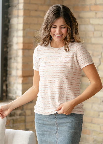 LIVERPOOL® Pink Wave Rib Trim Short Sleeve Knit Tee